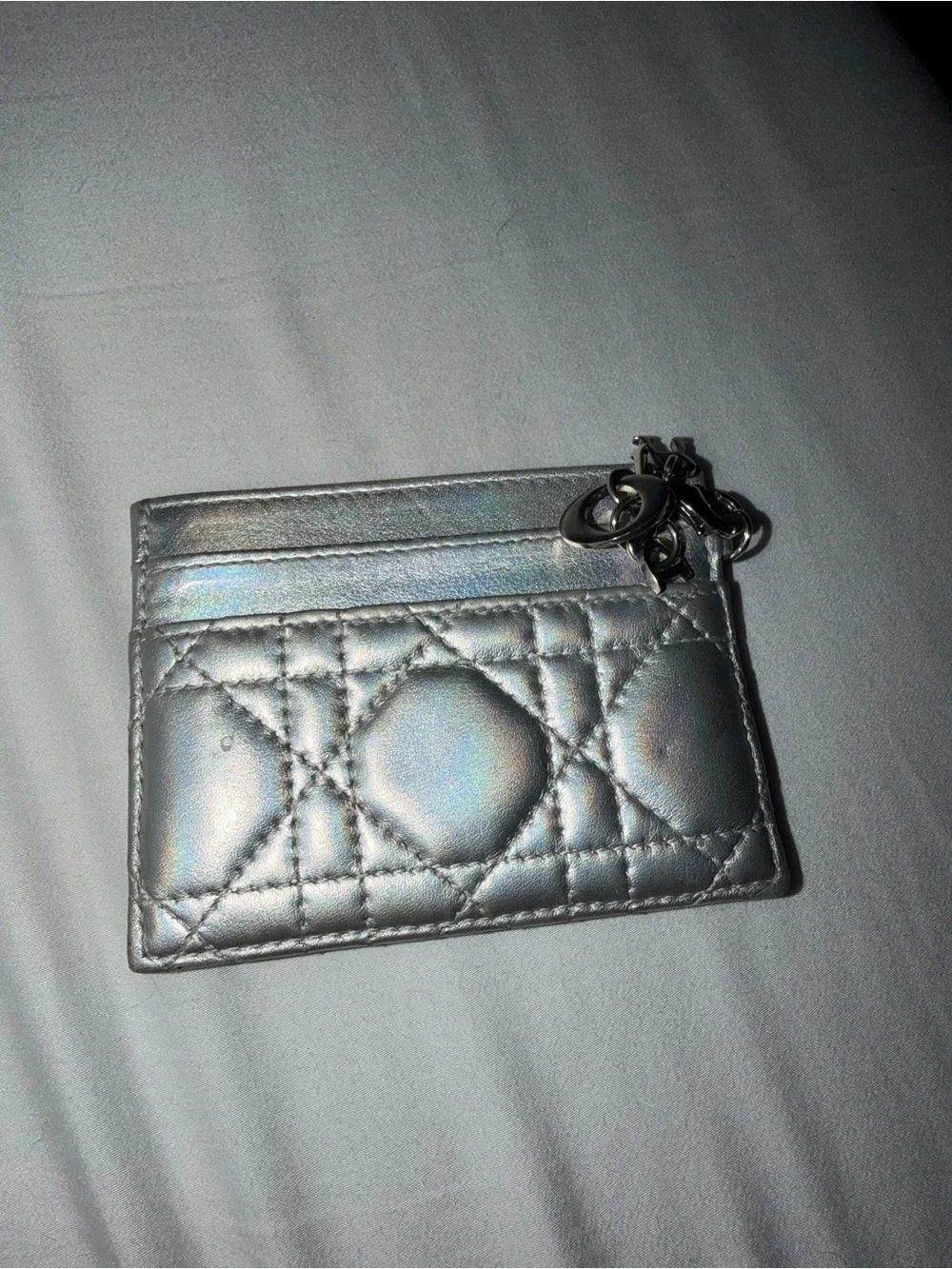 Dior Iridescent Silver Quilted Card Holder with Keyring Charm
